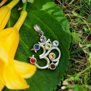Silver OM Chakra Pendant w Precious Gemstones